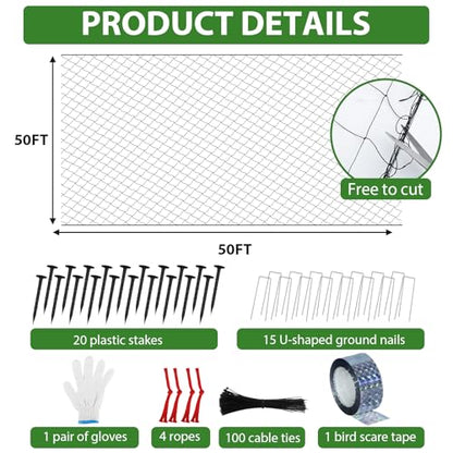 Unves 50 x 50 Ft Bird Netting, 2.4" Square Mesh Bird Net for Chicken Coop, Nylon Heavy Duty Poultry Netting Garden Protection for Chicken Run, Protect Plants Fruit Trees from Deer and Animals - size: 50' x 50'