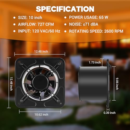 YOZON 10-Inch Kitchen Exhaust Fan with Switch, 727CFM Garage Exhaust Fan, Wall Mounted Vent Fan, Ventilation Fan with Backdraft Damper for Attic, Workshop, Window, Smoking Room - size: 10 inch-C