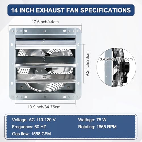 Criditpid 14 Inch Wall Mounted Shutter Exhaust Fan with ON/OFF Switch, High-Speed, Low-Noise Pure Copper Motor, Wall Exhaust Fan for Gable, Shed, Garage, Greenhouse, Kitchen, Attic, 1088CFM, 1450RPM. - size: 14 Inch Exhaust Fan