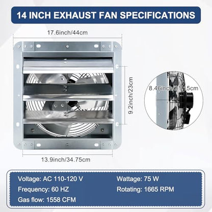 Criditpid 14 Inch Wall Mounted Shutter Exhaust Fan with ON/OFF Switch, High-Speed, Low-Noise Pure Copper Motor, Wall Exhaust Fan for Gable, Shed, Garage, Greenhouse, Kitchen, Attic, 1088CFM, 1450RPM. - size: 14 Inch Exhaust Fan