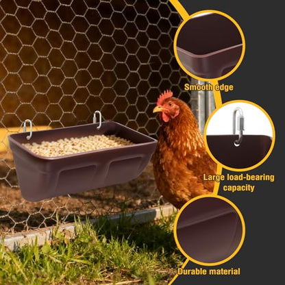 2 Pack Hanging Chicken Feeder Trough for Goat,Sheep,Dog.Livestock Feeding Container Goats Supplies Feeders Waterer Bucket (Brown) - color: Brown
