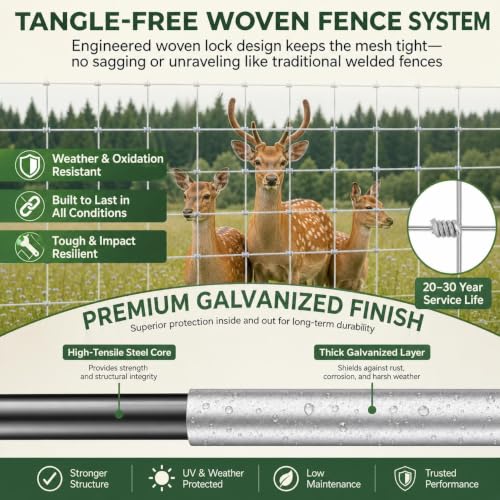 Farm Fence 6ft x 295ft, 12 Gauge Heavy Zinc Coating Cattle Panel Fence Galvanized Woven Wire Field Fencing Livestock Fence, Durable Chain Link Hog Wire Fencing for Yard Garden Sheep Goat Deer Horse - size: 6ft x 295ft