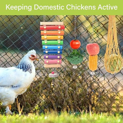 Chicken Coops Accessories 12PCS Chicken Toys Including Xylophone Swing Set Mirror Toy Flexible Ladder Vegetable String Bag and Hanging Feeder Coops Accessories for Hens