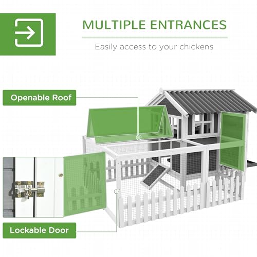 PawHut Wooden Chicken Coop with Run for 1-2 Chickens, Hen House with Nesting Box, Removable Tray, Fence, Outdoor Poultry Cage, 68" x 59" x 42", Gray