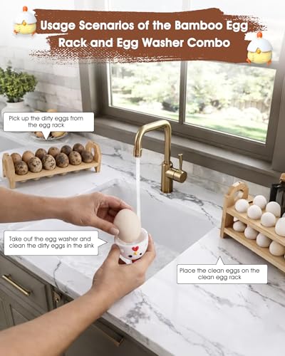 Bamboo Egg Holder Countertop with Silicone Egg Cleaner, 2-Tier Egg Holder for 24 Eggs, Stackable Design for Fresh Eggs, Farmhouse Egg Tray Storage Display Rack，Fits Quail, Duck, Chicken Eggs - color: 2-Tier with egg washer