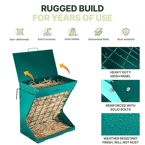 Wall Mount Hay Rack And Hay Feeder For Goats Sheep And Horses, Covered Galvanized Steel Goat Hay Feeder With Hinged Roof, 25 Gallon 2-In-1 No Waste Hanging Holder Grain Bin with hook For Cattle - color: Green