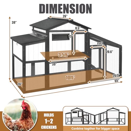 65“L Chicken Coop and Run, 2 Story Backyard Hen House with Nesting Box, Poultry Cage for 1-3 Chickens Ducks Rabbits with Removable Tray, Ramp and UV-Resistant Roof Panel - size: 68.8"L x 25.9"W x 38.5"H