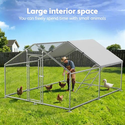 Large Metal Chicken Coop with Waterproof and UV-Resistant Cover, Chicken Run Outdoor Walk-in Cage Rabbit Duck Hen House for Yard Farm Use Spire Roof, 10’ W x 10’ L x 6.5’ H - size: 120.0"L x 120.0"W x 78.0"H