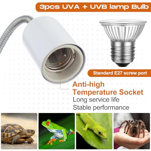 3 Set Reptile Heat Lamp UVA/UVB Turtle Heat Lamp Holder Fixture Clamp Basking Spot Adjustable 50w Full Spectrum Sun Sunbathe Bulb for Turtle Lizard Bearded Dragon Snake Aquarium Amphibian(White) - color: White