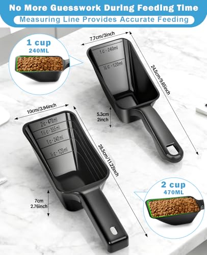 2-Pack Dog Food Scoop Set,1 Cup and 2 Cup Plastic Pet Food Measuring Scoops with Clear Measurement Lines,Multi-Purpose Pet Food Scooper for Dogs, Cats (Black) - color: Black