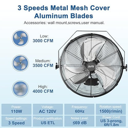 Xcity 18 Inch Metal Wall Mounted Fan, Max 4200 CFM High Velocity Industrial Fan with 3 Speeds & 360°Adjustable Tilt for Warehouse, Workshop, Greenhouse, Commercial - size: 18'' Standard