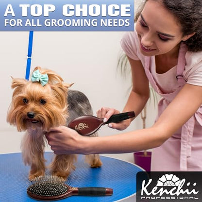 Kenchii Pet Grooming Metal Pin Brush | Solid Wood, Non-Slip Grip Detangling and Shedding Tool for Long or Short Haired Pets - Large Oblong Size - size: Oblong