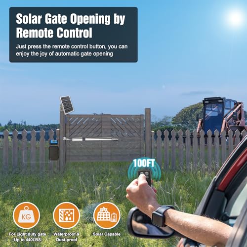 JUJIANG C01 Solar Gate Opener with Batteries & Solar Panel for Single Swing Gates Up to 440lb 12FT Automatic Gate Openers with Remote Complete Kit Light Duty Automatic Gate Openers Solar Powered - style: 440lb Solar Single gate opener