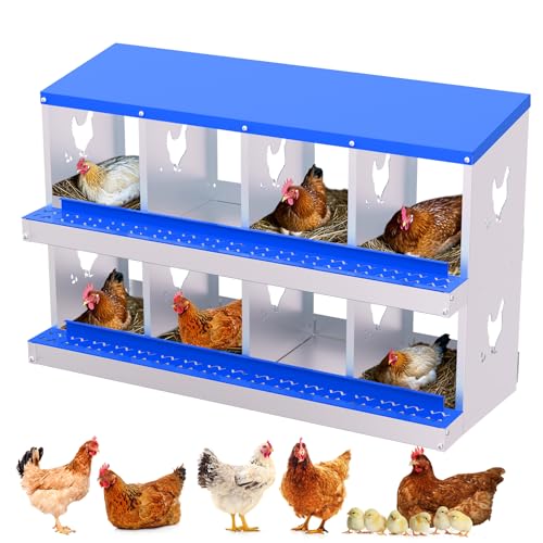TrailBlaze Ventilated Galvanized Metal Chicken Nesting Box - 8 Compartments, Roll Away Egg Collection System, Rustproof, Easy to Install, Perch & Cover - Blue, 8 Compartments, Without Bracket - color: Blue, size: 8 Holes