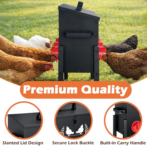 30 LB Large Automatic Chicken Feeder, No Waste Metal Poultry Feeder with 8 Ports, Weatherproof Outdoor Dispenser with Adjustable Legs & Locking Lid for Backyard Chickens, Black