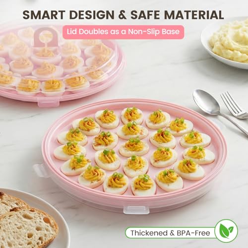 HANSGO Deviled Egg Containers with Lid, Deviled Egg Platter Carrier Holder Trays with 22 Slots for Holiday Party and Home Kitchen, Pink - color: Pink