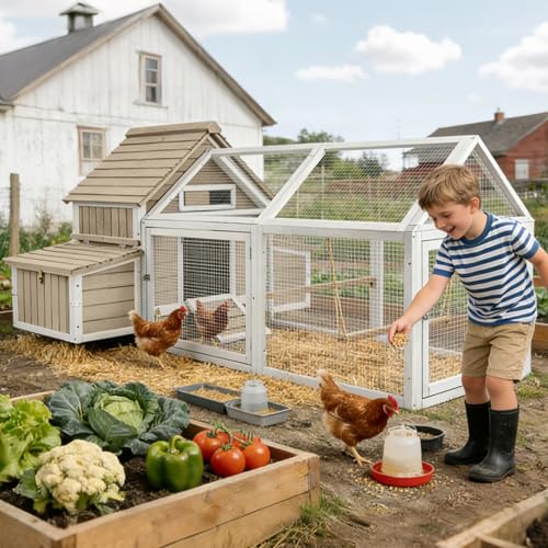 Ketive 83"L Large Chicken Coop with Run for 4–6 Chickens Wooden Backyard Hen House with Curved Roof, Peaked Run Top, 4 Reinforced Nesting Boxes, Swing Perch, Dual Ramp Doors,Slide-Out Tray,Expandable - size: 83.0"L x 58.0"W x 39.5"H