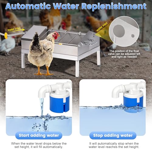 3 in 1 Automatic Chicken Waterer and Feeder Set with Float Valve | Stainless Steel Chicken Water Feeder, Poultry Waterer Dispenser Drinker Watering System for Outdoor Coop Duck Turkey Quail