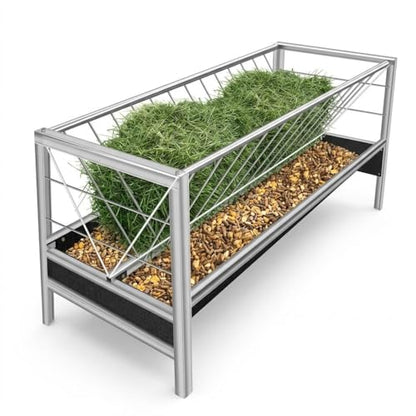 59 Inch Livestock Feeder 77 Gallon Capacity, Heavy Duty Stainless Steel Hay Feeder with Deep Rubber Grain Trough for Goats, Sheep and Horses, Barn or Pasture Use