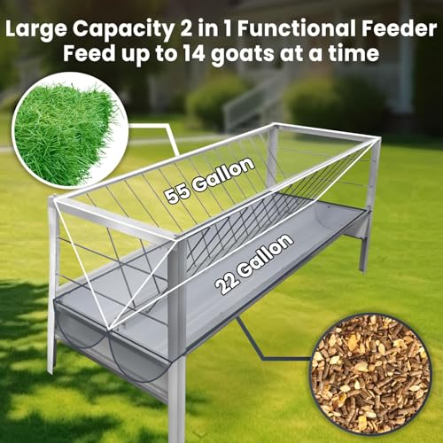 Goat Hay Feeders 77 Gallon, 2 in 1 Design Livestock Feeder Trough with 2 Trays, Heavy-Duty Galvanized Metal, Livestock Shelter for Cow Horse Deer Goat Hay Feeders, Easy to Assemble, Sliver