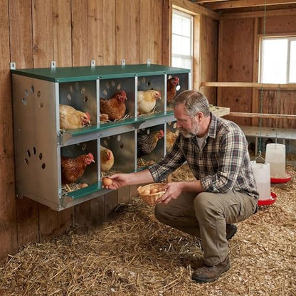 8 Compartment Metal Chicken Nesting Box with Roll Away Egg Collection 42×16×25in,Wall Mountable Large Hen Laying Box with Vented Holes,8 Houses Coop Roosting Boxes Fit for Different Poultry Breeds - size: 42×16×25in