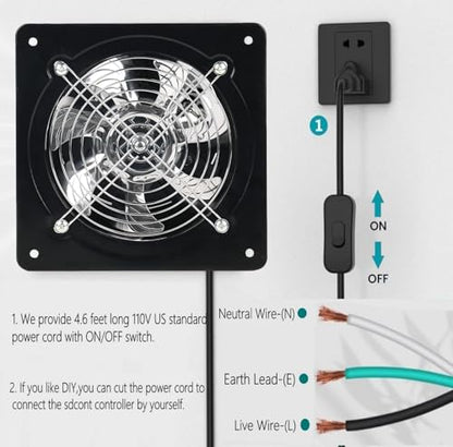 8 Inch Exhaust Fan Metal Ventilation Fan With Switch Window And Wall Mounted Extractor Warehouse Fan With Check Valve For Kitchen, Attic, Garage(Black) - style: 8 inch with switch (Black)