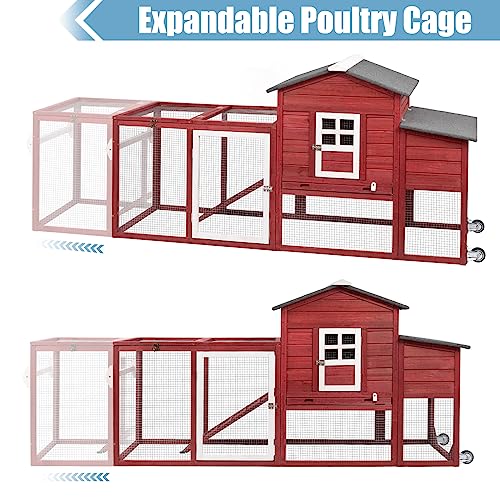 PetsCosset 79" Wooden Chicken Coop Rabbit Cage with Nesting Box, Waterproof Roof, Removable Tray, Combinable - color: Hen house-Red, size: 75.0"L x 26.0"W x 39.0"H