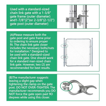 1-7/8”x1-3/8“ Durable Chain Link Spring Loaded Gate Closer. Fence Lock gate Closer Outdoor (1-7/8”x1-3/8“) - Please Carefully Review The Installation. - size: 1-7/8”x1-3/8“