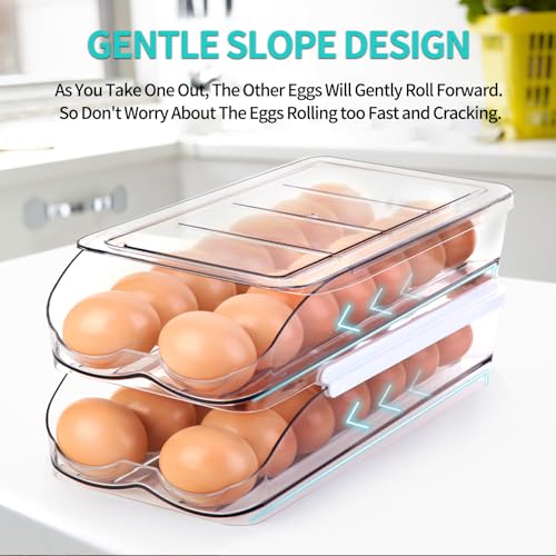 RoskDeewat Egg Holder for Fridge, Automatic Rolling Egg Container for Refrigerator, Stackable Fridge Organizers and Storage with Lid, Clear Plastic Egg Dispenser,Bin & Tray (1 Tier) - size: 1 Tier Holder 14 Eggs