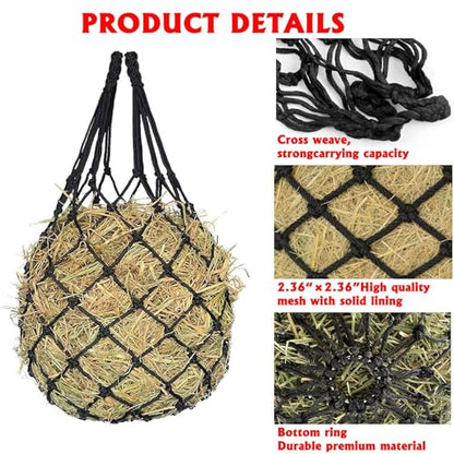 Slow Feed Hay Net for Horses,2 Pack Hanging Feeder for Horses Sheep Goats, Black Nylon Mesh Bag, 40 Inch Length, 2.36 Inch Holes, Cross Weave Design,