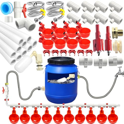 Automatic Chicken Waterer System Kit with Chicken Water Cups Nipples Float Valve Pipeline 58 PCS Complete Set Chicken Water Feeder Dispenser Large Chicken Watering System PVC Poultry Waterer Drinker