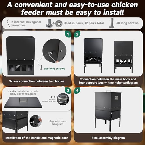 55-70LBS Large Chicken Feeder No Waste 16-Ports Automatic with Magnetic Baffle to Prevent Rodents and Mice Large Poultry Feeder Adjustable Height Suitable for All Poultry, Weatherproof - color: 55-70LBS