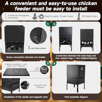 55-70LBS Large Chicken Feeder No Waste 16-Ports Automatic with Magnetic Baffle to Prevent Rodents and Mice Large Poultry Feeder Adjustable Height Suitable for All Poultry, Weatherproof - color: 55-70LBS