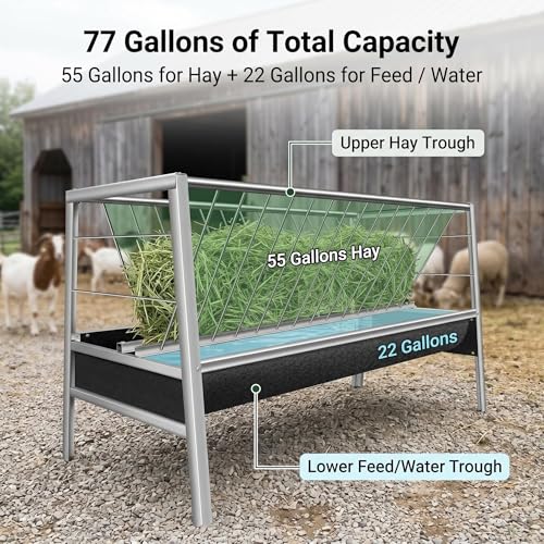 77 Gallon Pasture Feeder 2-in-1 Hay Grain System Stainless Steel Frame Rubber Trough Waste-Reducing Design for Goats Sheep Horses Lamb