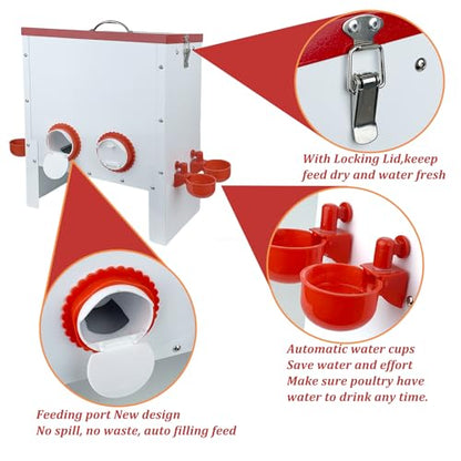 2 in 1 Metal Large Chicken Feeder and Waterer Set 35 LB No-Waste Design Automatic Chicken Feeder and Waterer for Outdoor Coops with 4 Feeding Ports and 5 Water Cups
