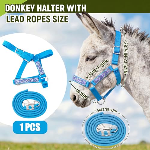1 Set Miniature Donkey Halter with Lead Ropes, Cute and Stylish Adjustable Nylon Head Collar Set for Miniature Donkeys (Lake Blue) - color: Lake Blue