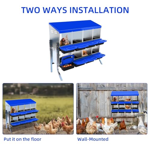 GarveeHome 2-Tier Chicken Nesting Box, 8 Compartment Metal Chicken Laying Boxes with Waterproof Roof ＆ Removable Trays for Hens, Poultry，Easy Egg Collection - color: Blue, size: 8 holes with legs