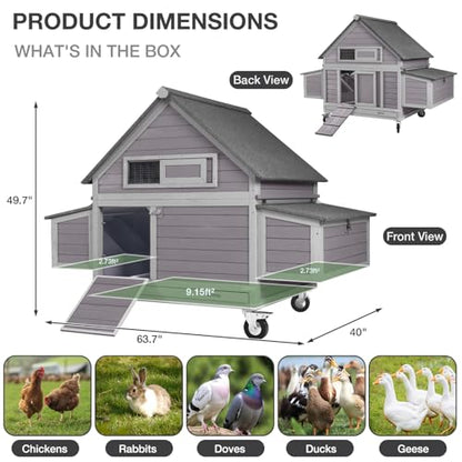 GUTINNEEN Large Chicken Coop with Wheels for 6-8 Chickens, Mobile Wooden Hen House with 2 Nesting Boxes, Removable Tray, Weatherproof Roof, Expandable Outdoor Poultry Cage - size: 67.3"L x 40"W x 49.8"H