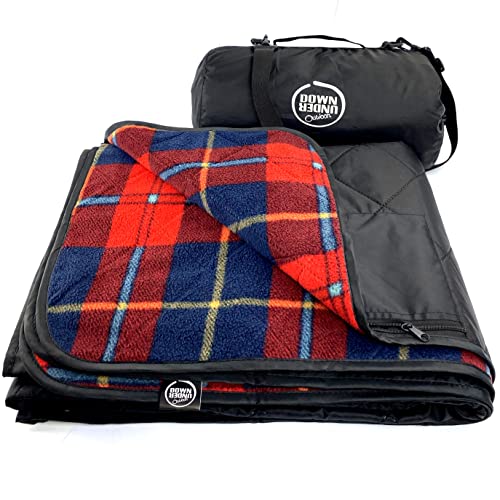 DOWN UNDER OUTDOORS Waterproof 350 GSM Fleece or Sherpa Stadium Blanket | Large Extra Thick, Windproof, Quilted, Machine Washable, Camping Picnic & Outdoor, Beach, Dog, secret pocket, 82 x 55 inches - color: Red Check