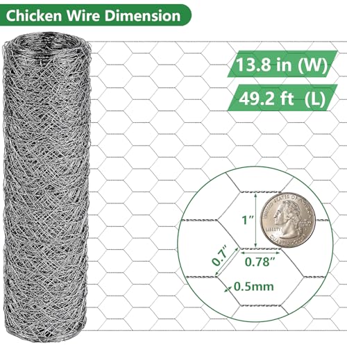 ROADPLUM 13.8 in x 49 ft Chicken Wire Fencing, Rustproof Galvanized Iron Chicken Wire Mesh for Pet Rabbit, Floral Chicken Wire Roll Netting to Protect Poultry Plant Fruit - size: 13.8 x 590 in