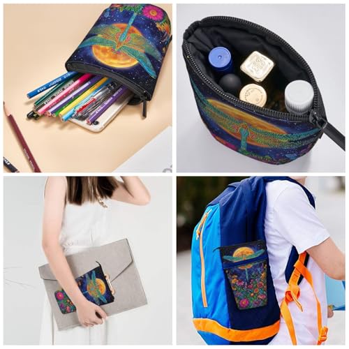 Dragonfly Moon Standing Pencil Case Cute Telescopic Stationary Pouch with Zipper Large Capacity Stand up Pen Bag Portable Makeup Holder for School Office Supplies - color: Dragonfly