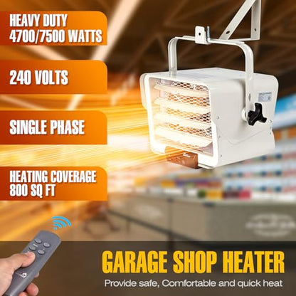 DR. INFRARED HEATER NEW Upgraded DR-975 7500-Watt 240-Volt Hardwired Shop Garage Electric Heater, Wall/Ceiling Mounted with Remote Controlled Thermostat White - size: 19 Inches
