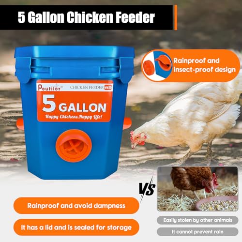 5 Gallon (44 Lbs) Automatic Chicken Feeder & Waterer Set, No-Waste & Rain Proof Design, Keeps Out Small Animals, Hanging Poultry Kit for Chicken, Duck, Turkey & Geese