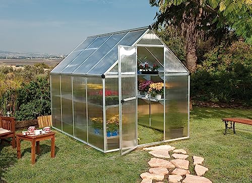 Canopia 6x8 Greenhouse Kit, Hobby Walk-In Twin-Wall UV Polycarbonate Heavy Duty Aluminum Frame, Lockable Door, Adjustable Roof Vent, Rain Gutters, Galvanized Steel Base, Mythos (Silver) - color: Silver, size: 6 Ft. x 8 Ft.