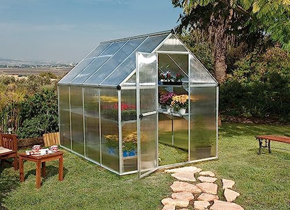Canopia 6x8 Greenhouse Kit, Hobby Walk-In Twin-Wall UV Polycarbonate Heavy Duty Aluminum Frame, Lockable Door, Adjustable Roof Vent, Rain Gutters, Galvanized Steel Base, Mythos (Silver) - color: Silver, size: 6 Ft. x 8 Ft.