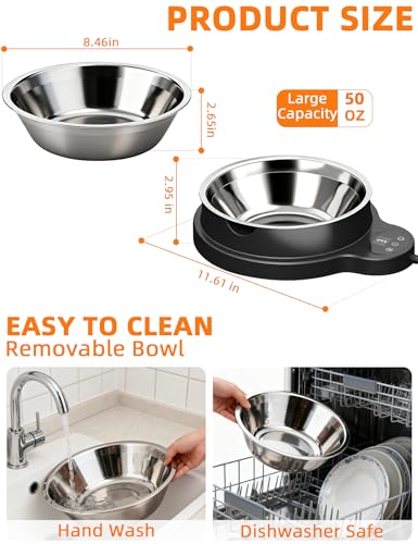 Heated Water Bowl for Dogs & Cats, 100W Heated Pet Bowl Outdoor with 3 Temperature Settings, 12H Timer, BPA-Free&50OZ Removable Stainless Steel Bowl, Anti-Chew Cord for Chickens, Ducks, Birds, Animal