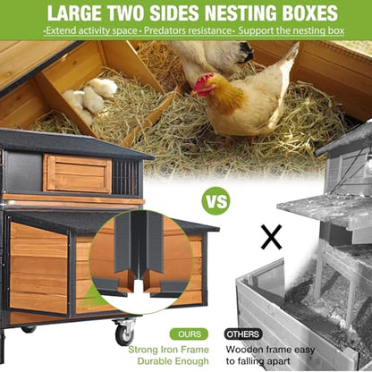GUTINNEEN Mobile Chicken Coop with Strong Iron Frame Outdoor Hen House with Run Poultry Cage with Waterproof Roof,Nesting Box,Pull-on Tray,6-8 Chickens - size: 76.7"L x 53.8"W x 36.8"H