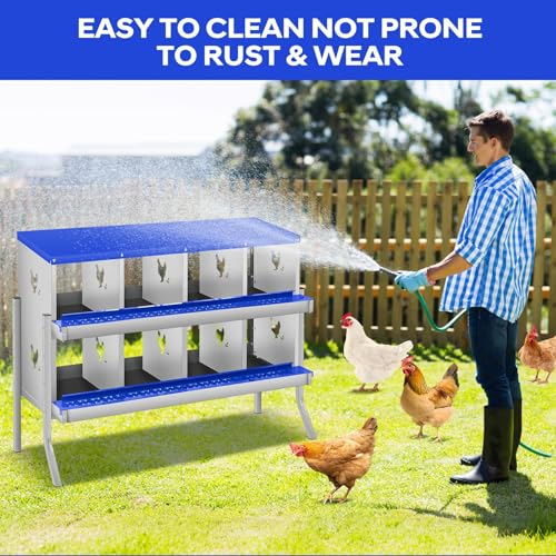 Removable Tray & Lid, Two-Tier Design - Galvanized Steel Chicken Nesting Box - 8 Compartments, Large Vented Holes, Wall Mount or Freestanding, Easy Clean - Blue, 8 Compartments ZW - color: Blue | 8 Compartments+legs