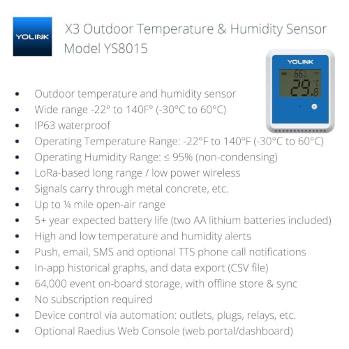 YoLink X3 vesion Outdoor Temperature & Humidity Data Logger, Hygrometer, Thermometer, 1/4 Mile Range, 5+ Years Battery Life, Emails/Text/App Alerts, Alexa. Pet Cage, Freezer, Greenhouse. Hub Included
