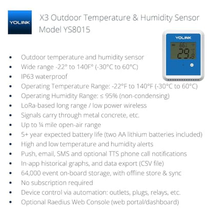 YoLink X3 vesion Outdoor Temperature & Humidity Data Logger, Hygrometer, Thermometer, 1/4 Mile Range, 5+ Years Battery Life, Emails/Text/App Alerts, Alexa. Pet Cage, Freezer, Greenhouse. Hub Included